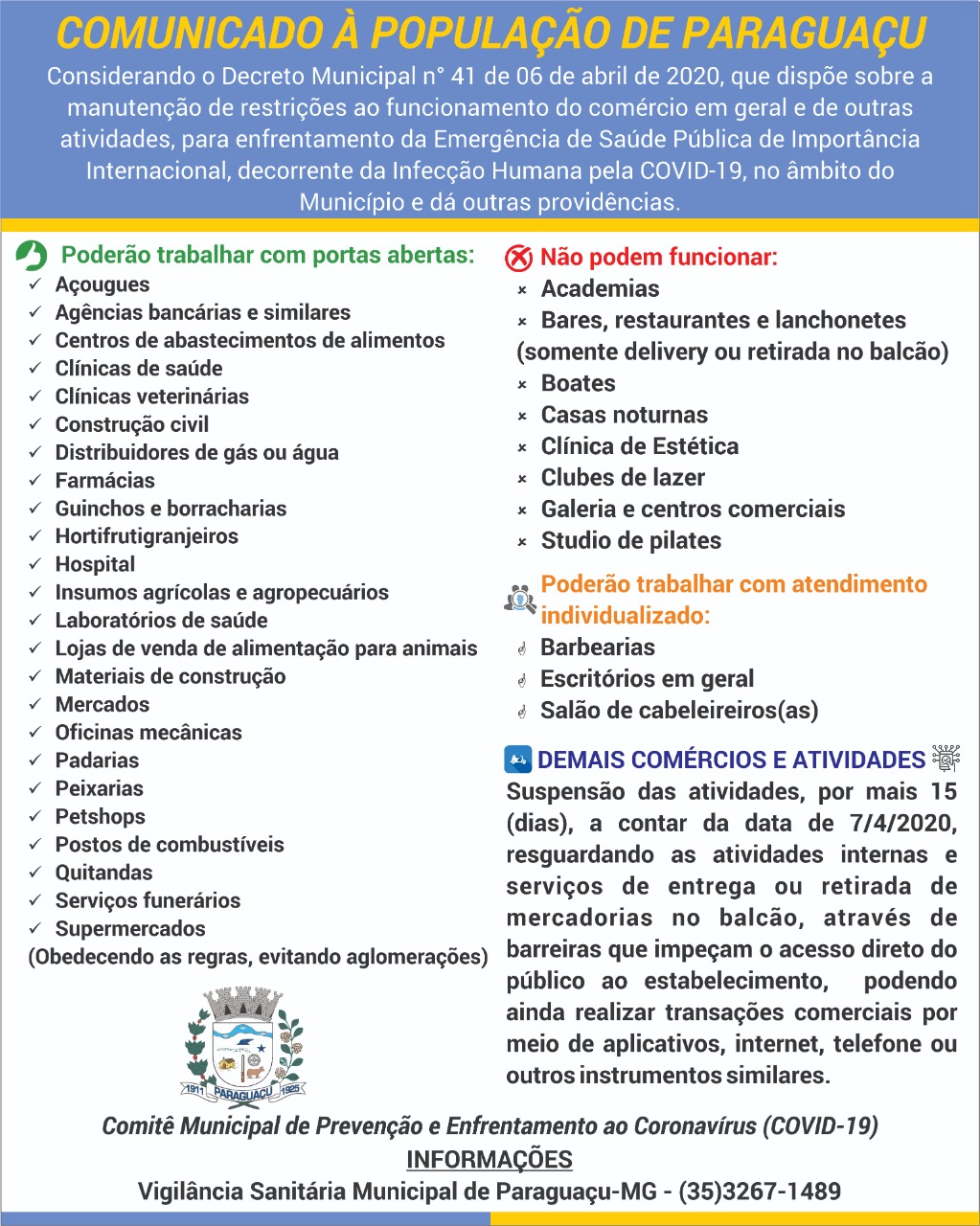 No momento, você está visualizando Decreto dispõe sobre novas recomendações para o comércio de Paraguaçu quanto ao enfrentamento do novo coronavírus